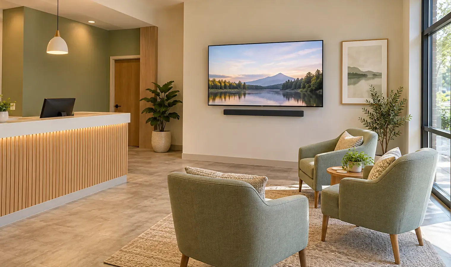 Waiting-area TV with a slim bar beneath — Bronx business soundbar installation Reception area with a wall-mounted TV and a slim soundbar centred below it, green armchairs facing the screen — waiting-room soundbar reference for Bronx businesses