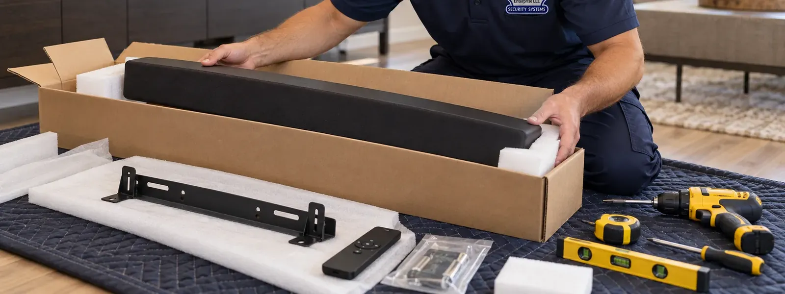 Bar, bracket and hardware checked before drilling — Mott Haven, Bronx soundbar installation Soundbar lifted from its box on a moving blanket with the wall bracket, remote, screw bag, drill and level laid out beside it — Bronx soundbar installation reference