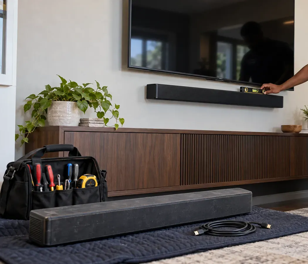 Final level check on the mounted bar — Mott Haven, Bronx soundbar installation Hand holding a level on top of a wall-mounted soundbar under a TV, a tool bag and a second bar on a rug below — Bronx soundbar installation reference