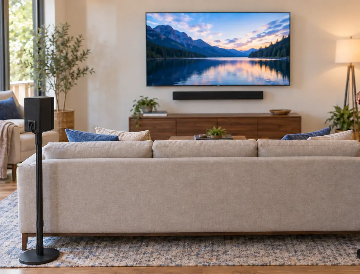 Rear speaker on a stand beside the sofa — Mott Haven, Bronx soundbar installation Living room with a TV and soundbar on the far wall and a rear speaker on a floor stand beside the sofa — Bronx soundbar and surround setup reference