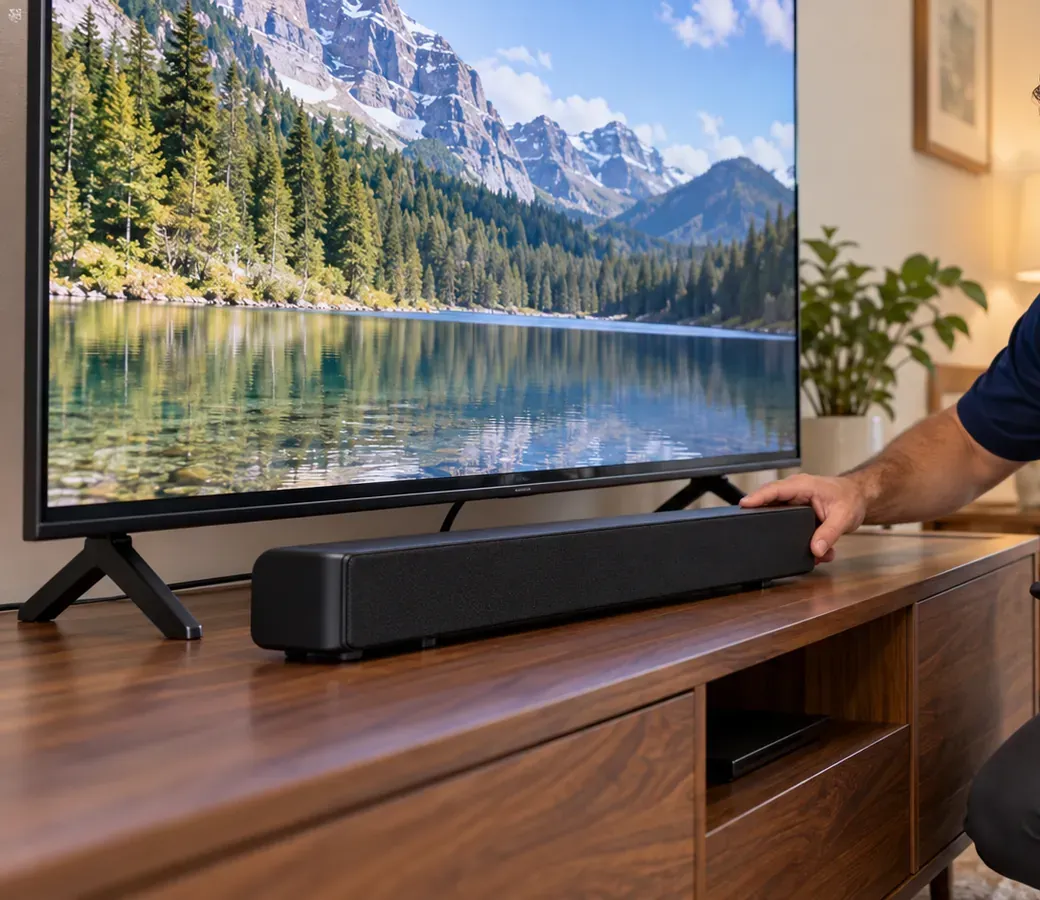 No-holes stand setup — Mott Haven, Bronx soundbar installation Soundbar resting on a wooden TV console in front of a TV on its feet, a hand squaring the bar — no-holes setup reference for Bronx soundbar installs