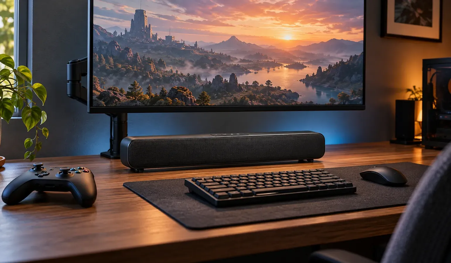 Compact bar on a desk under the screen — Bronx studio soundbar installation Compact soundbar on a desk under a monitor-sized screen, with a game controller and keyboard in front — small-space soundbar reference for Bronx studios