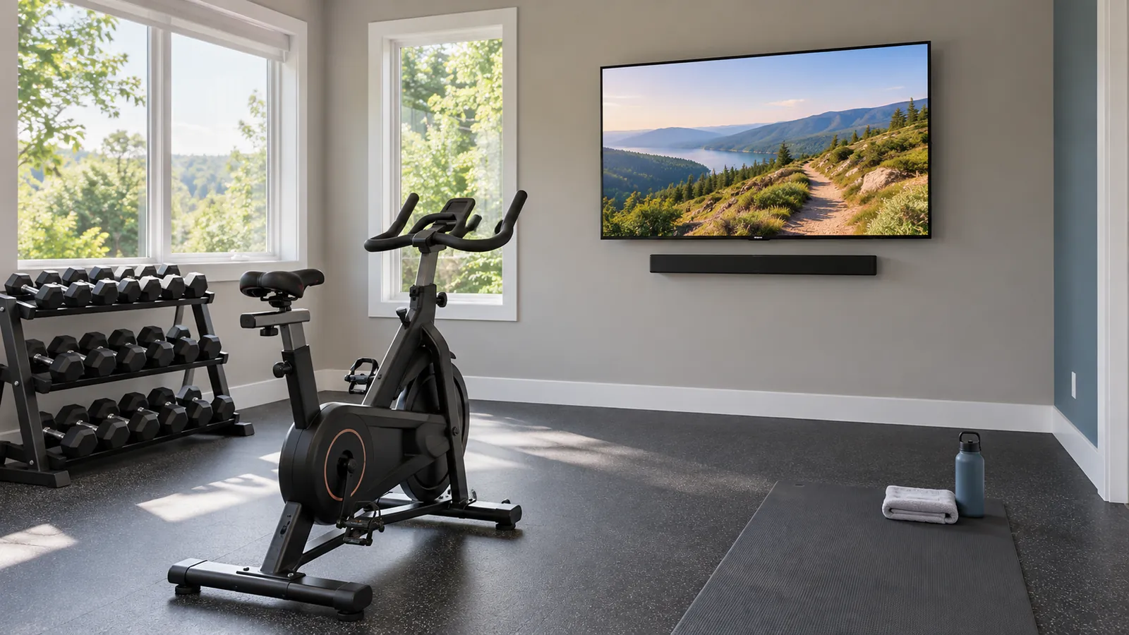 Soundbar installation Nassau County: home gym with an exercise bike and dumbbell rack facing a wall-mounted TV with a soundbar mounted under it