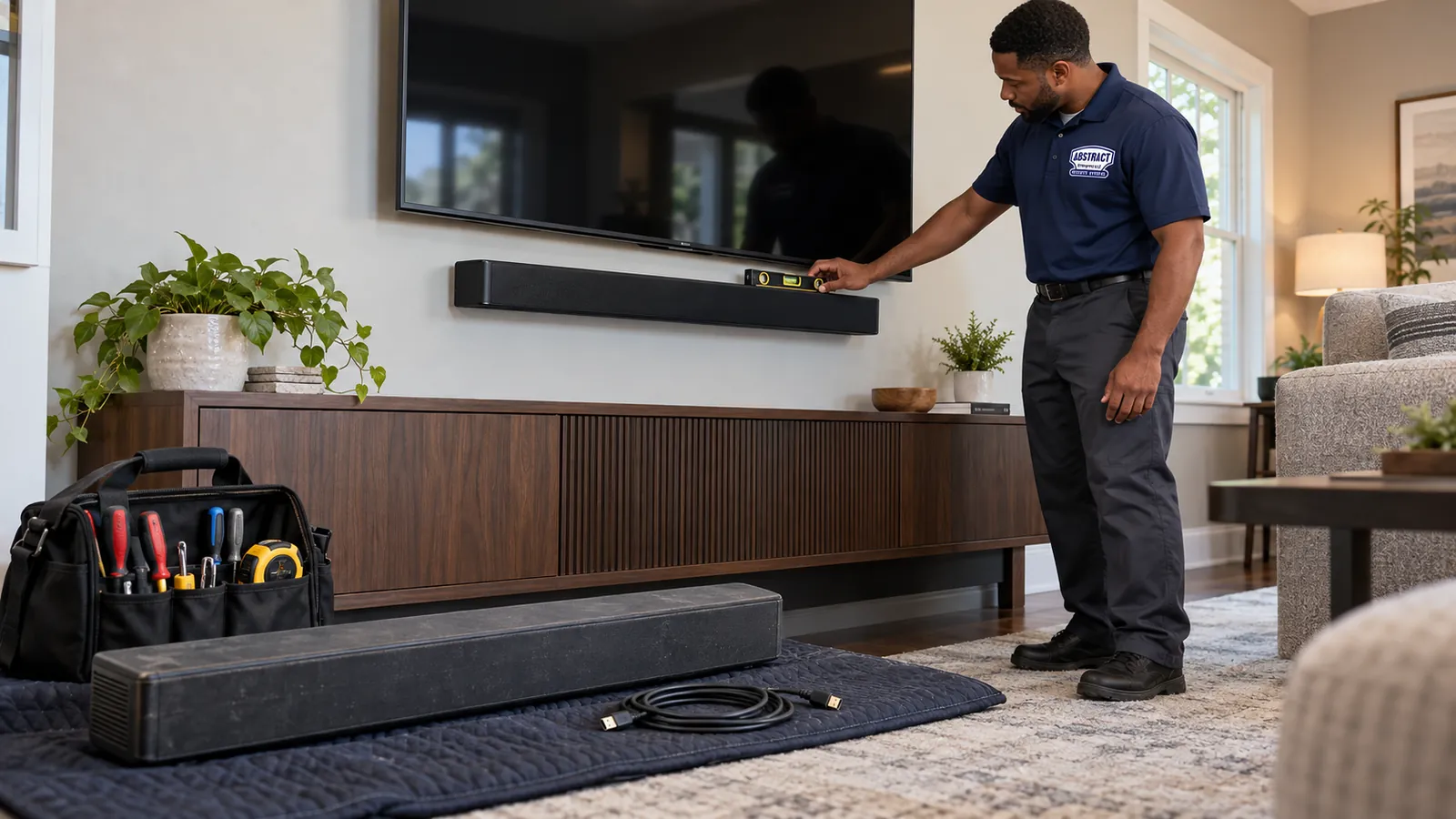 Soundbar installation Nassau County: technician in a navy AESS polo holding a bubble level on a wall-mounted soundbar under a TV, tool bag and spare bar on a moving blanket