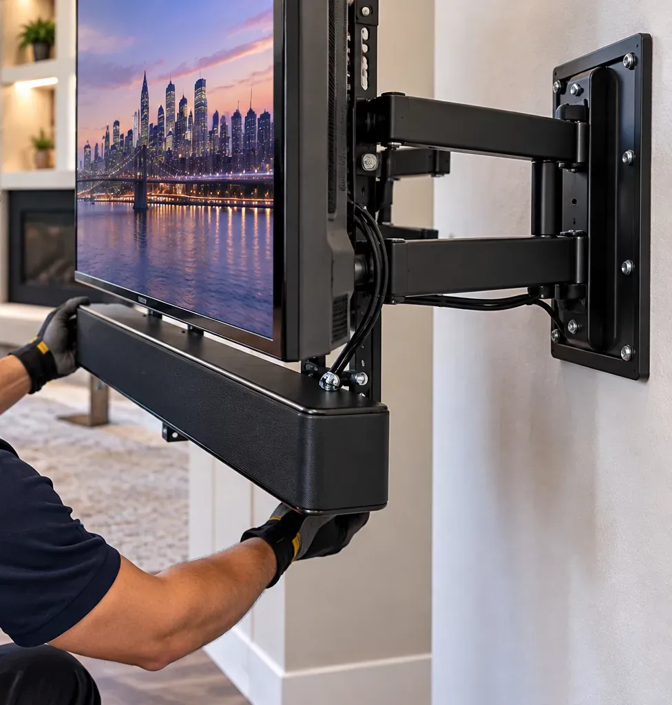 Gloved hands fitting a long black soundbar to a bracket beneath a TV on an extended articulating wall arm, a pale wall and a living room with a fireplace beyond — New Dorp Staten Island TV-attached soundbar