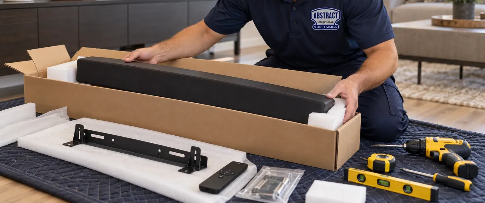 Technician kneeling on a navy moving blanket lifting a black soundbar from its cardboard carton, the wall bracket on white foam, a remote, a bag of screws, a drill, a tape measure and a yellow level beside it — New Dorp Staten Island soundbar unboxing