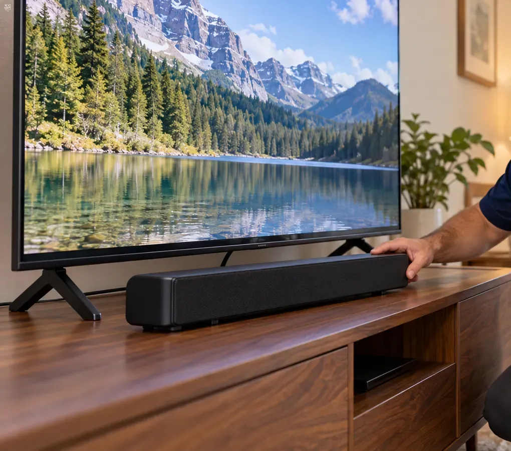 Hand setting a black soundbar on a walnut TV console in front of a TV standing on its own feet, its screen showing a mountain lake, a technician's navy sleeve at the right — New Dorp, Staten Island soundbar on a console