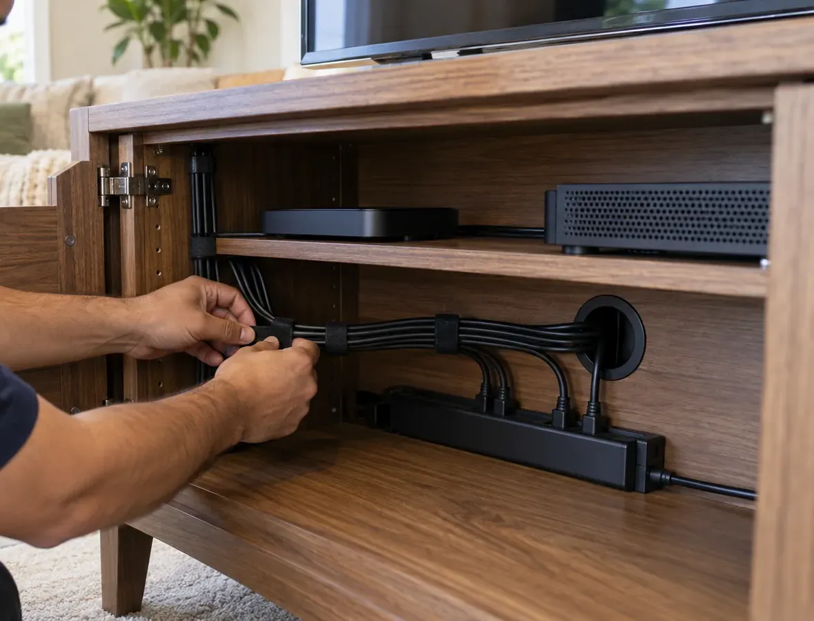 Hands tying black cables with hook-and-loop straps inside an open wooden TV console, a power strip on the cabinet floor, two small boxes on the shelf and a round cable grommet in the back panel — New Dorp Staten Island soundbar cable management
