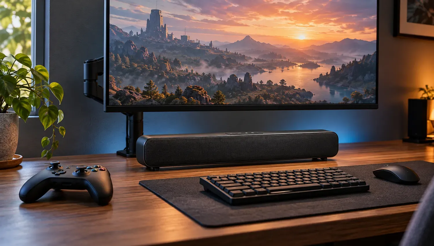 Compact black soundbar on a wooden desk below a large monitor on an arm, a keyboard on a desk mat, a mouse, a game controller and a potted plant in warm evening light — New Dorp Staten Island desk soundbar