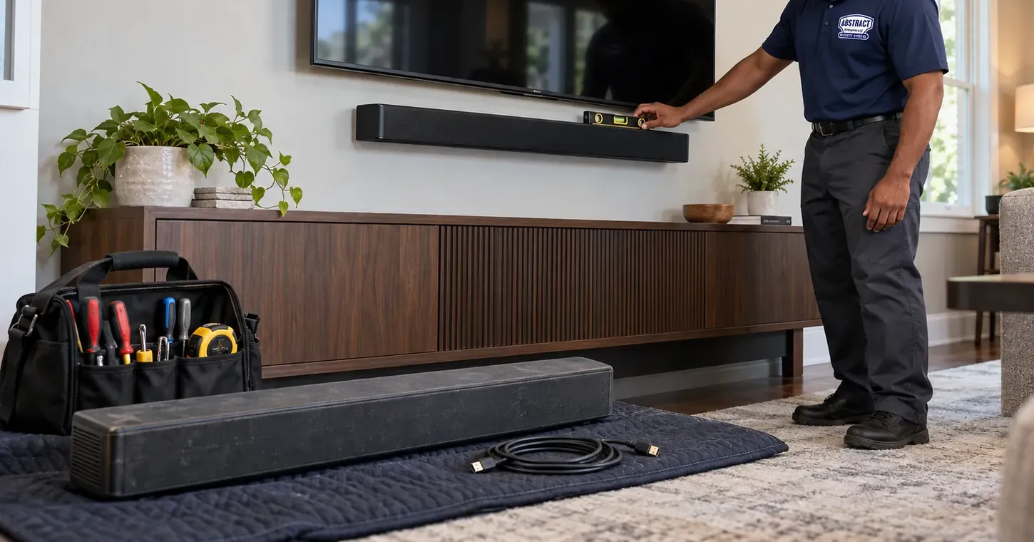 Technician in a navy work shirt resting a small level on a black soundbar mounted under a wall TV, a slatted walnut console below, an open tool bag and a second soundbar on a navy moving blanket in front — New Dorp Staten Island soundbar installation