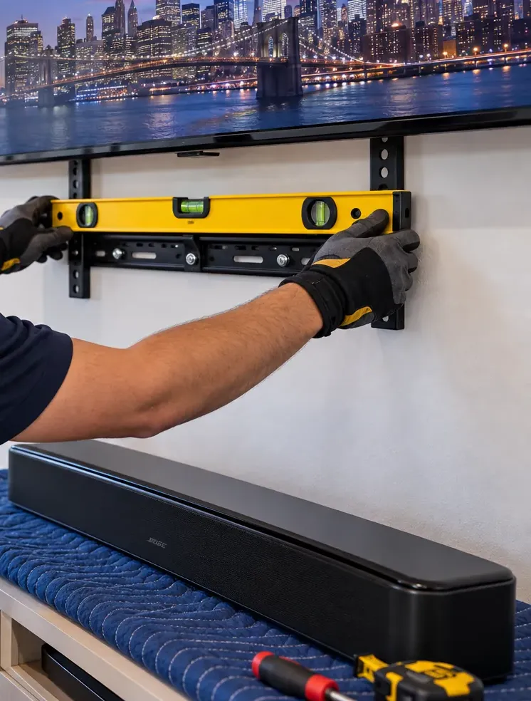 Gloved hands holding a yellow spirit level on a black TV wall plate beneath a screen showing a city skyline at night, a black soundbar resting on a blue moving blanket below with a screwdriver and tape measure — New Dorp Staten Island bracket levelling