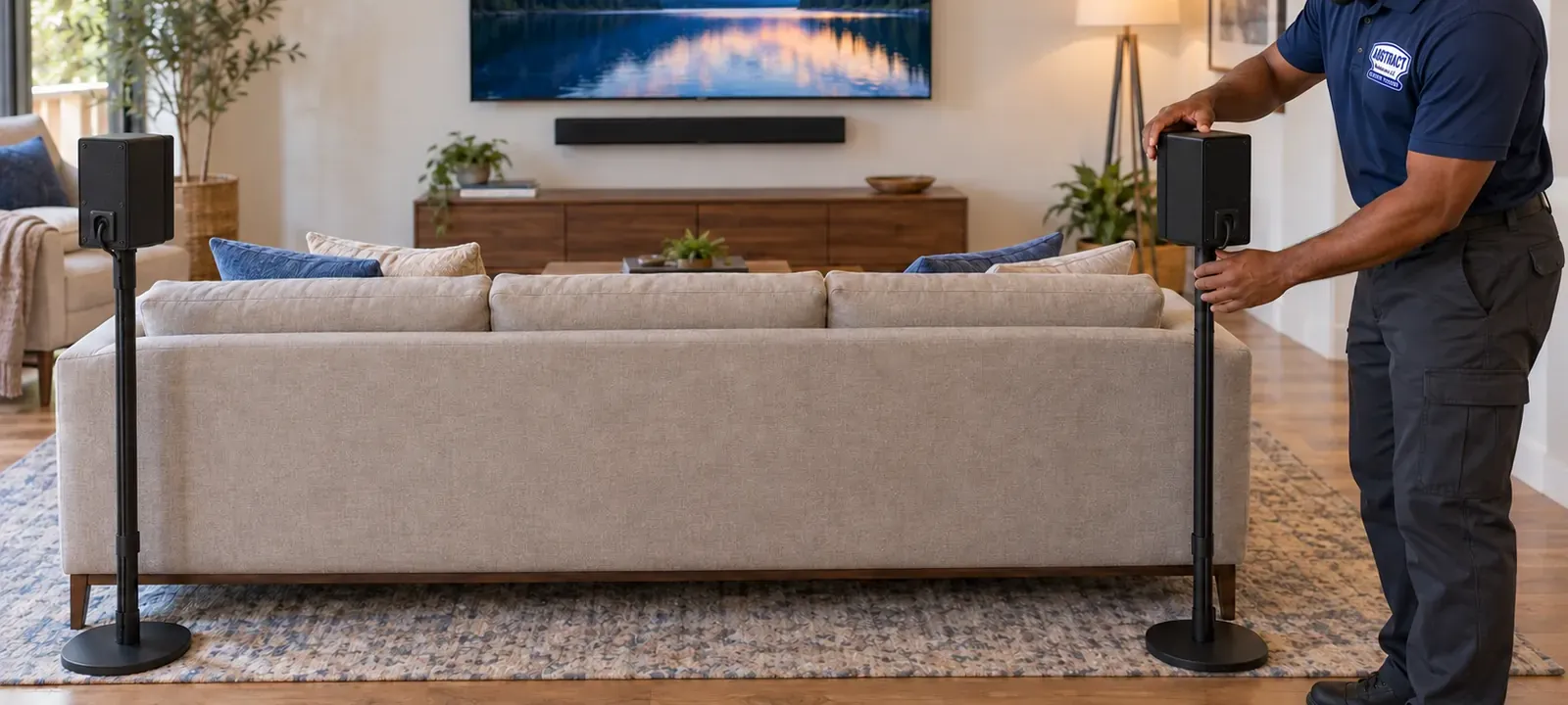 Two black rear speakers on slim floor stands at either end of a beige sofa, a technician adjusting the right-hand one, a wall TV and soundbar above a wooden console across the room — New Dorp Staten Island surround soundbar setup