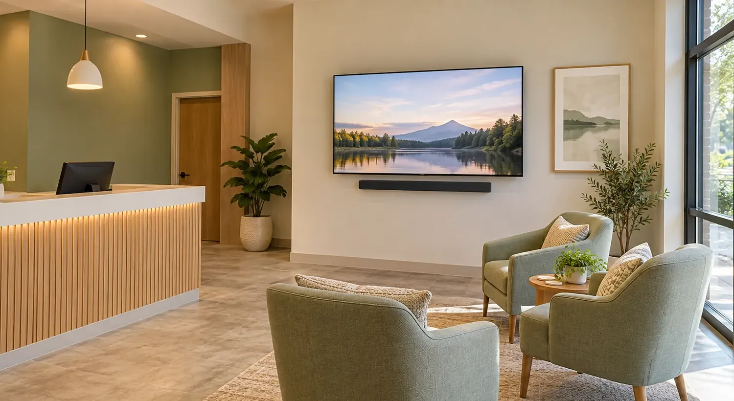 Reception area with a wall-mounted TV above a slim black soundbar, sage-green armchairs around a small table, a framed landscape print, a potted tree, pendant lights and a reception desk at the left — New Dorp Staten Island business soundbar