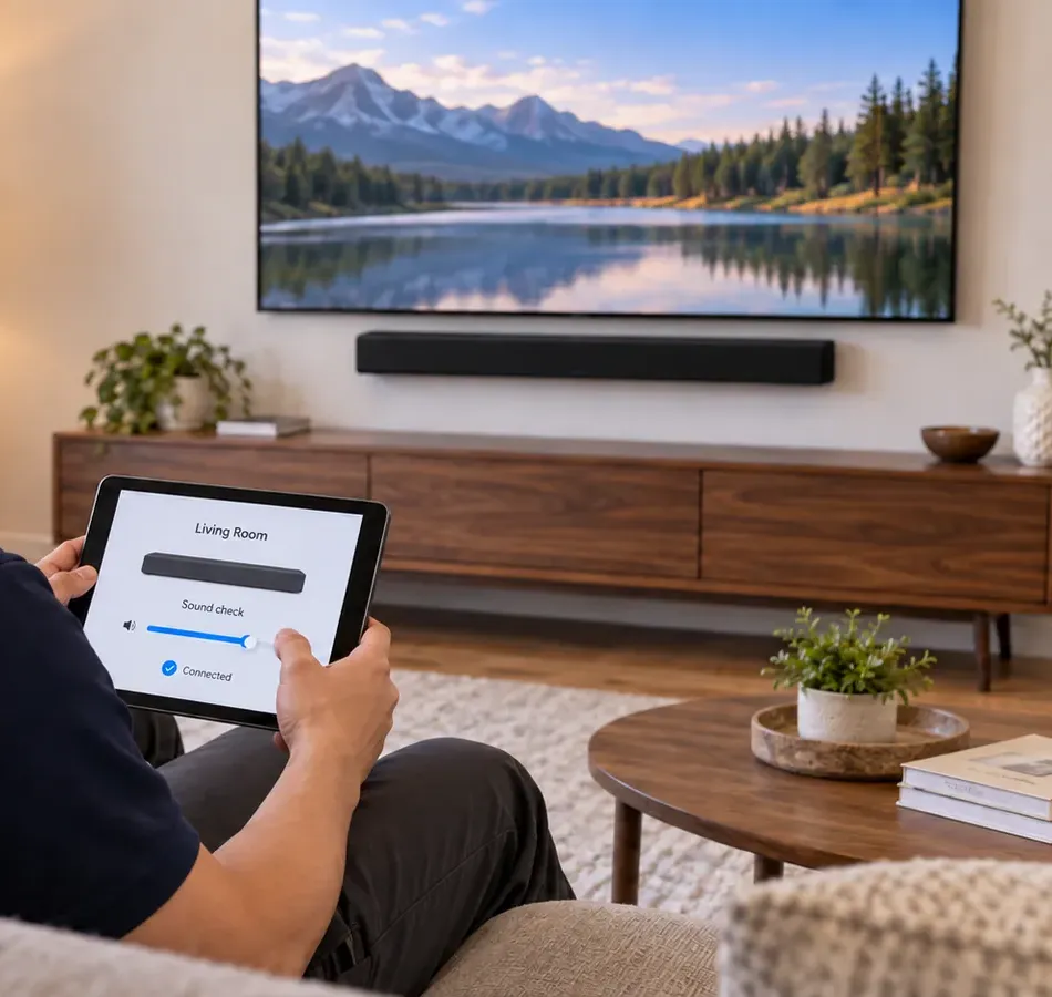 Person seated on a sofa holding a tablet showing a Living Room sound-check screen marked Connected, a wall TV and black soundbar above a walnut console across the room — New Dorp Staten Island soundbar calibration