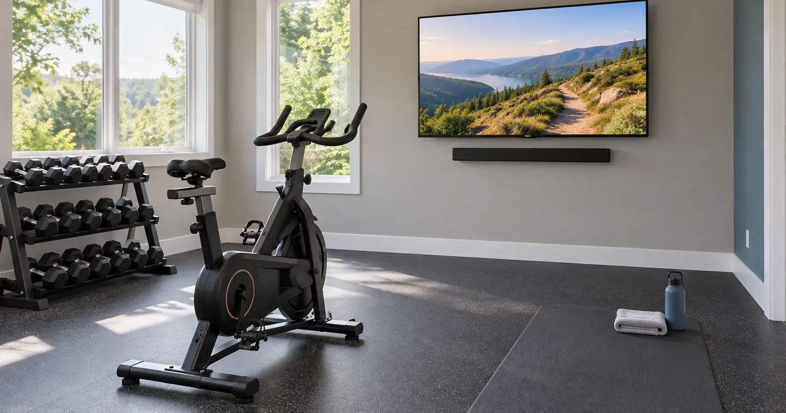 Exercise room with a wall-mounted TV showing a hillside trail and a slim black soundbar beneath it, an exercise bike, a dumbbell rack, black rubber flooring and two windows onto trees — New Dorp Staten Island home gym soundbar