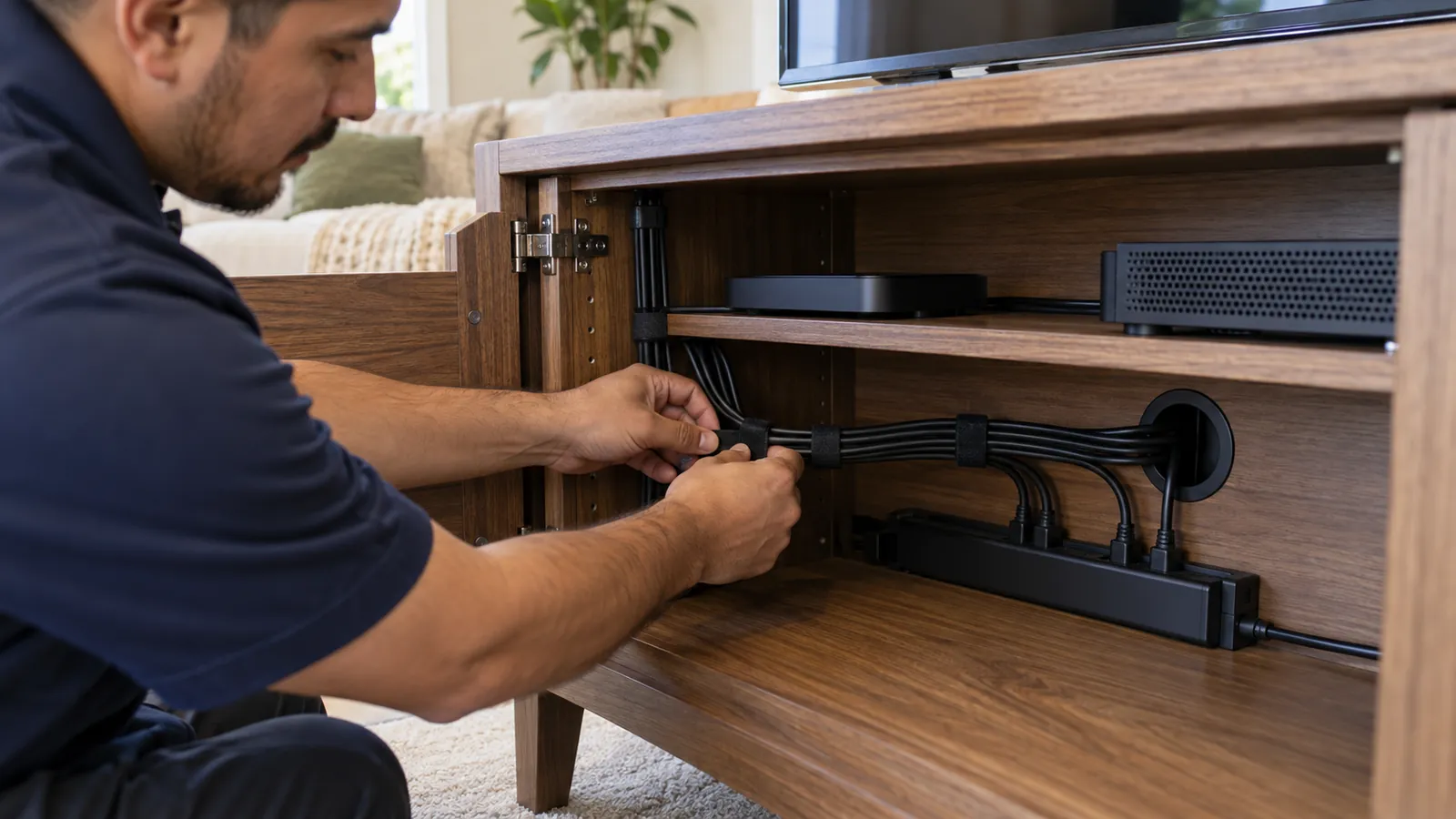 Soundbar installation Orange County: technician bundling black cables with hook-and-loop straps inside a wooden media cabinet, power strip and devices on the shelf