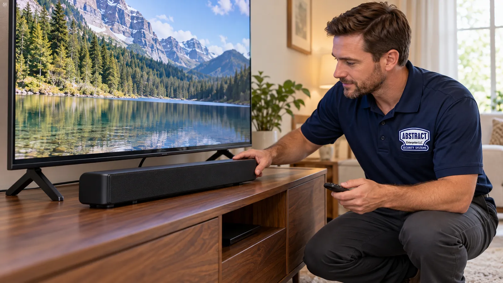 Soundbar installation Orange County: technician crouching to set a soundbar on a wooden media console in front of a TV on its stand, remote in his other hand