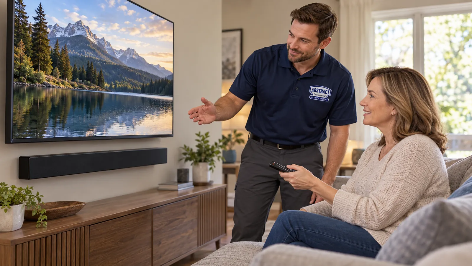 Soundbar installation Orange County: AESS technician explaining a wall-mounted TV and soundbar to a woman seated on a sofa holding the remote
