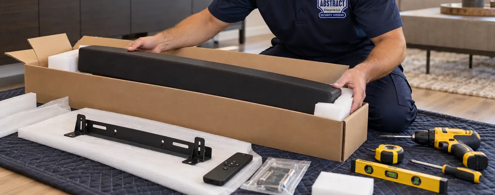 Soundbar, bracket and hardware unboxed — Pelham Bay, Bronx Pelham Bay, Bronx soundbar unboxing: hands on a soundbar in its open box on a moving blanket, with the wall bracket, remote, hardware bag, drill, tape measure and level