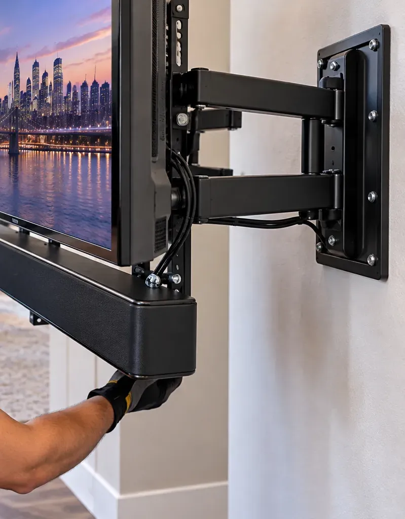 Soundbar fitted to a full-motion TV arm — Pelham Bay, Bronx Pelham Bay, Bronx soundbar on a TV arm: gloved hands fitting a soundbar to the underside of a TV hung on a full-motion articulating wall mount