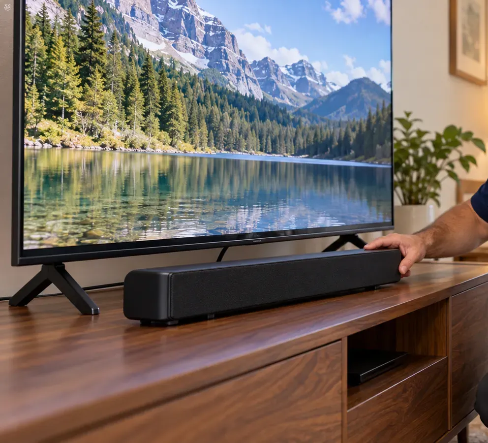 Soundbar set on a wooden media console — soundbar installation in Pelham Bay, Bronx Soundbar installation Pelham Bay, Bronx: a black soundbar being set on a wooden media console in front of a TV standing on its feet, a technician's hand on the bar