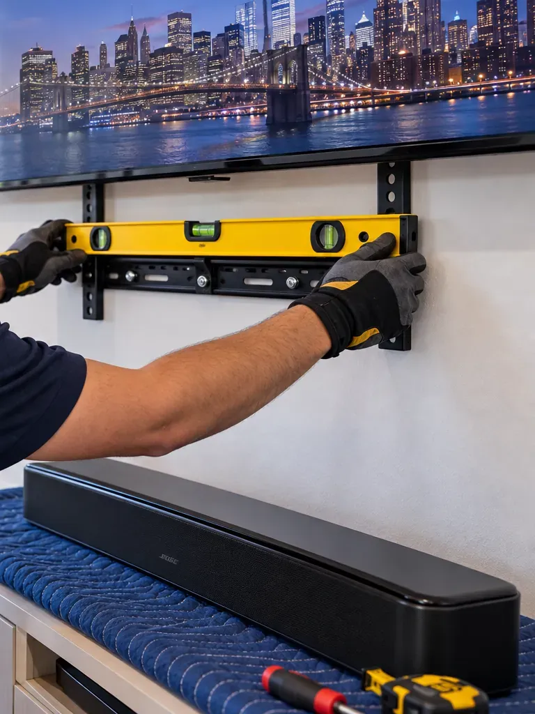 Levelling a soundbar bracket under the TV — Pelham Bay, Bronx Soundbar bracket installation in Pelham Bay, Bronx: gloved hands holding a yellow level on a black soundbar bracket fixed under a TV, the soundbar resting on a blue moving blanket