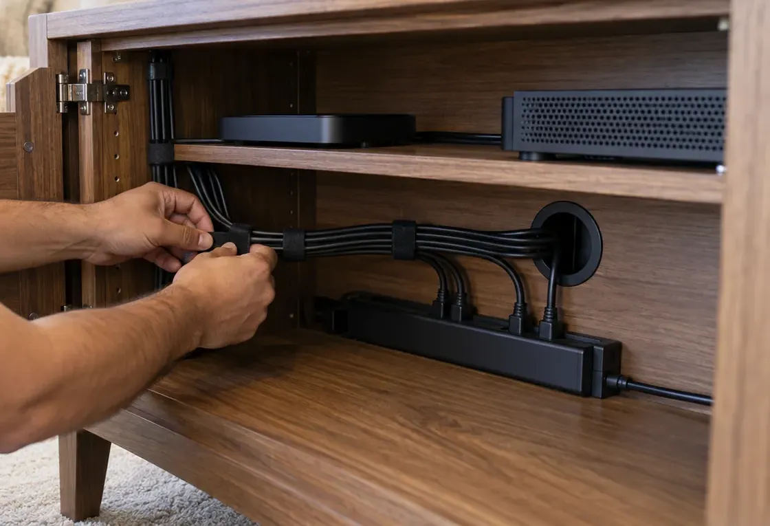 Strapping soundbar cables inside a media cabinet — Pelham Bay, Bronx Soundbar cable management in Pelham Bay, Bronx: hands bundling black cables with straps inside a wooden media cabinet, a power strip and devices on the shelf