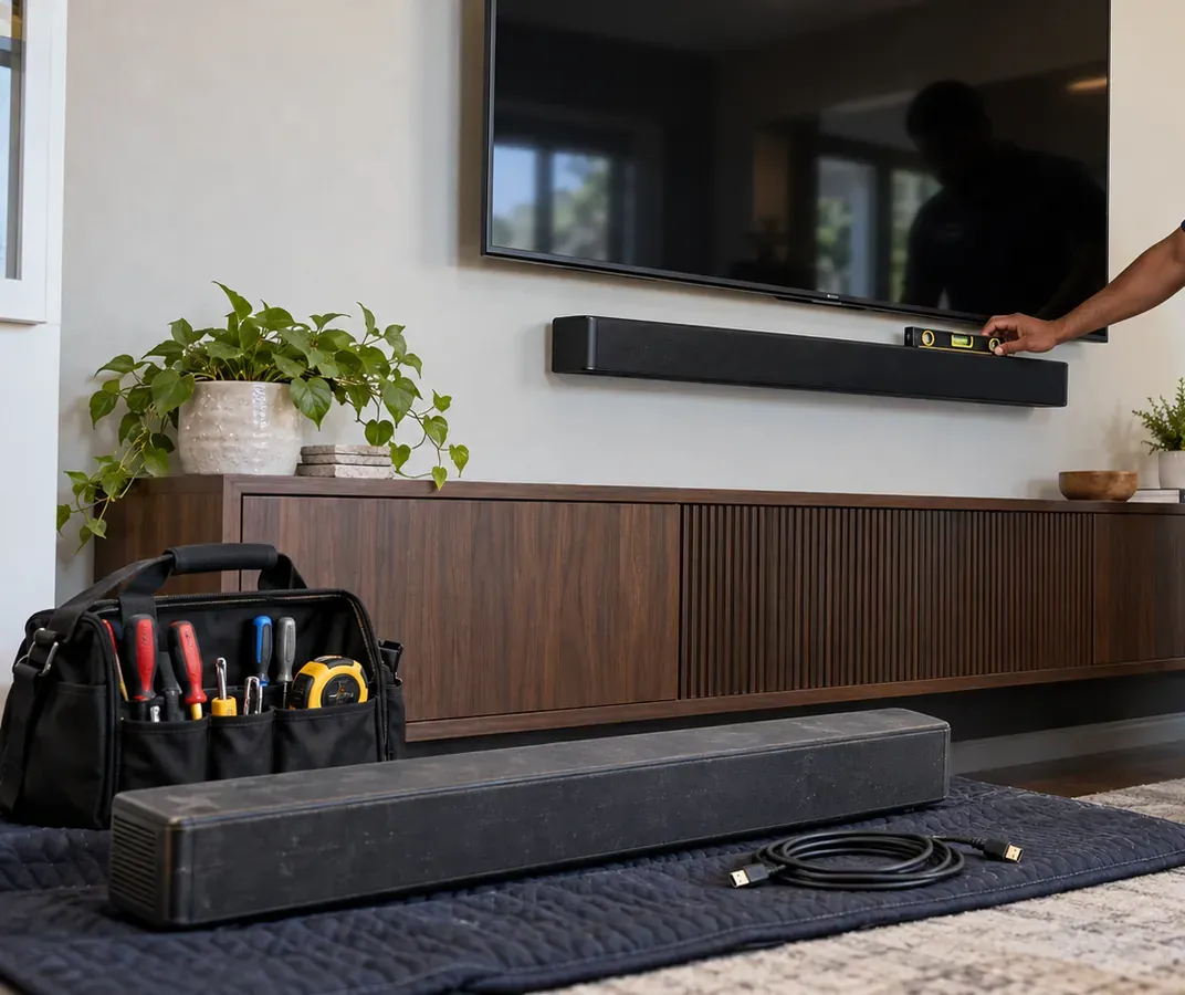 Checking a mounted soundbar for level — Pelham Bay, Bronx Soundbar level check in a Pelham Bay, Bronx living room: a hand holding a level on a soundbar mounted below a wall TV, tool bag, a second bar and a cable on a blanket on the floor