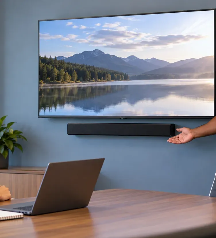 Meeting-room TV with a soundbar below — Bronx business soundbar installation Business soundbar near Pelham Bay, Bronx: a soundbar mounted under a wall TV in a meeting room, a hand gesturing toward it and a laptop open on the table