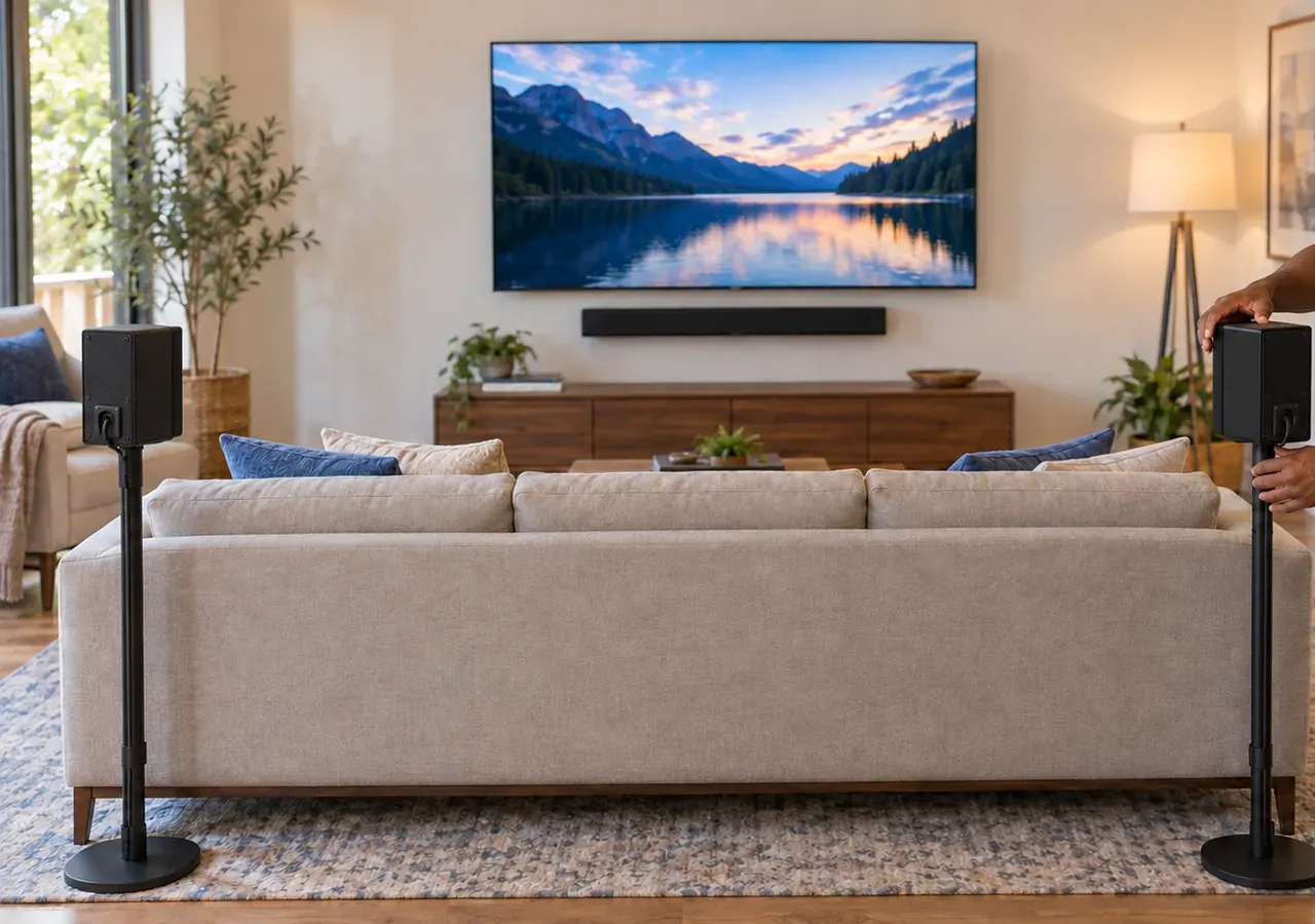 Rear surround speakers on stands behind the sofa — Pelham Bay, Bronx Soundbar surround setup in a Pelham Bay, Bronx living room: rear speakers on floor stands either side of a beige sofa, TV and soundbar on the far wall