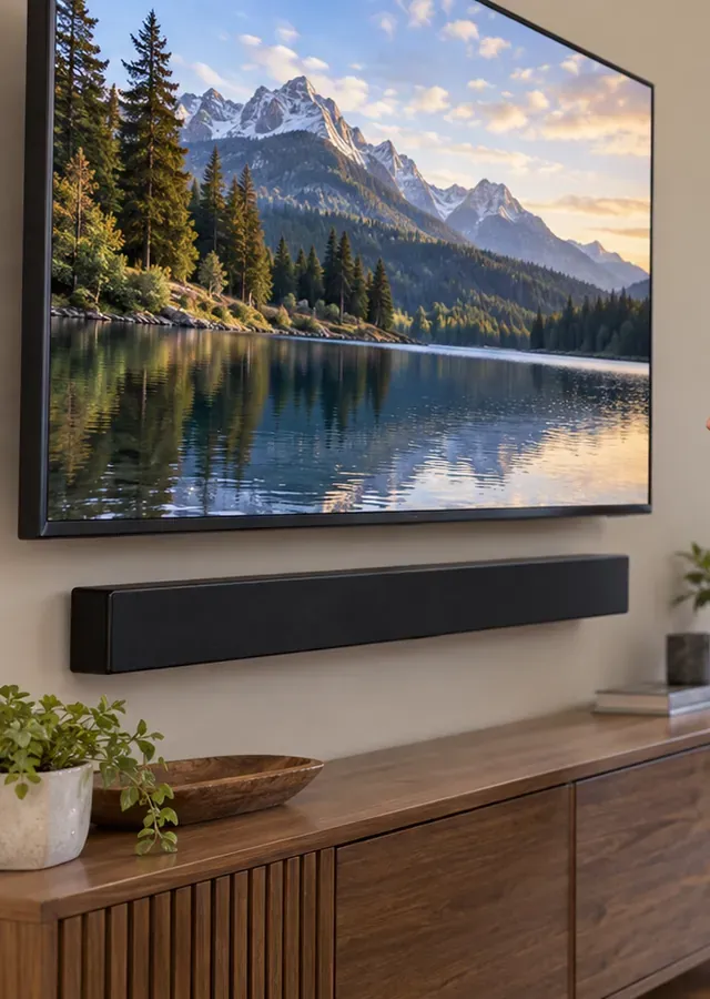 Wall-mounted TV with a soundbar above a credenza — Pelham Bay, Bronx Pelham Bay, Bronx soundbar installation: a slim black soundbar mounted on the wall under a large TV, above a wooden credenza with plants