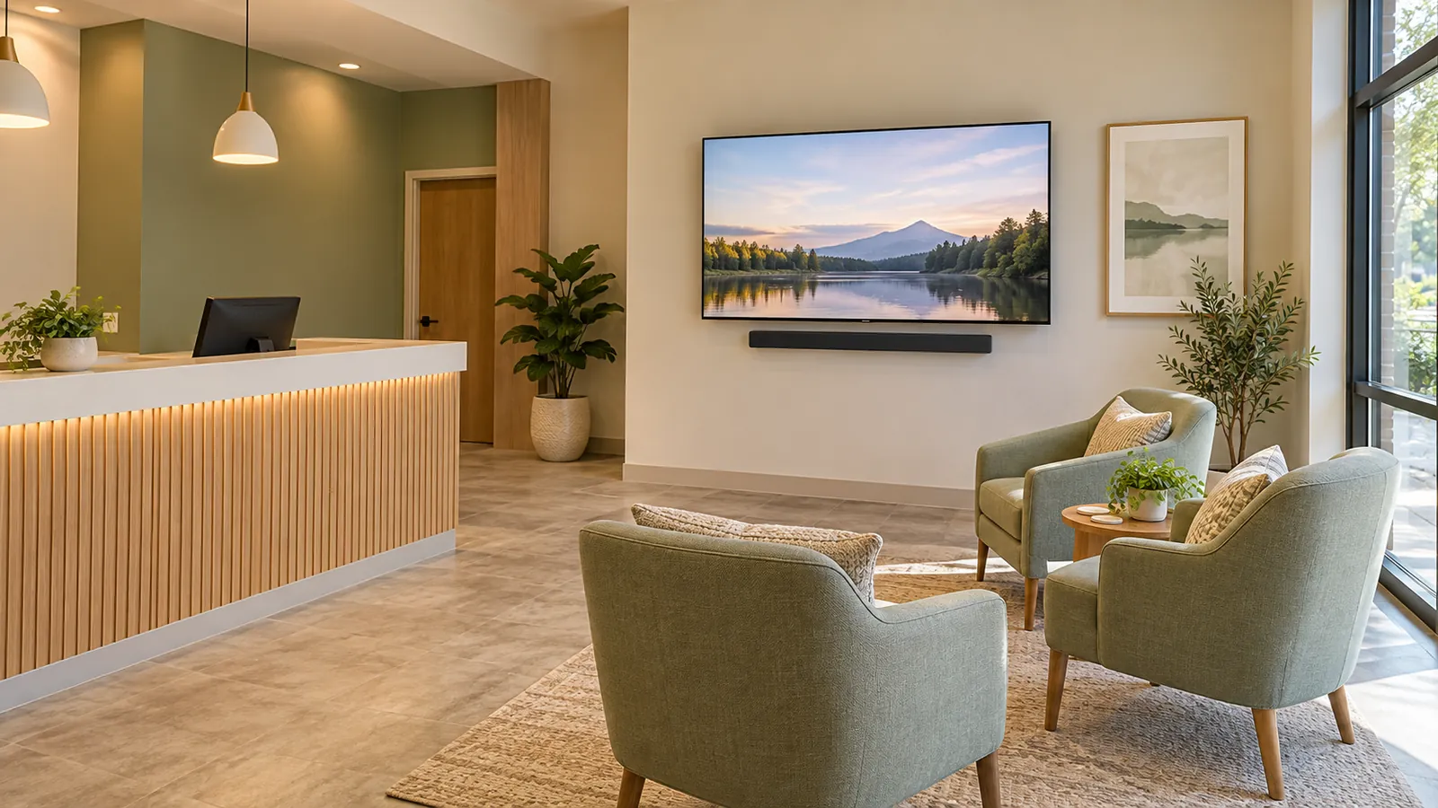 Soundbar installation Rockland County: reception and waiting area with a wall-mounted TV, a slim soundbar directly beneath it, green armchairs and a front desk