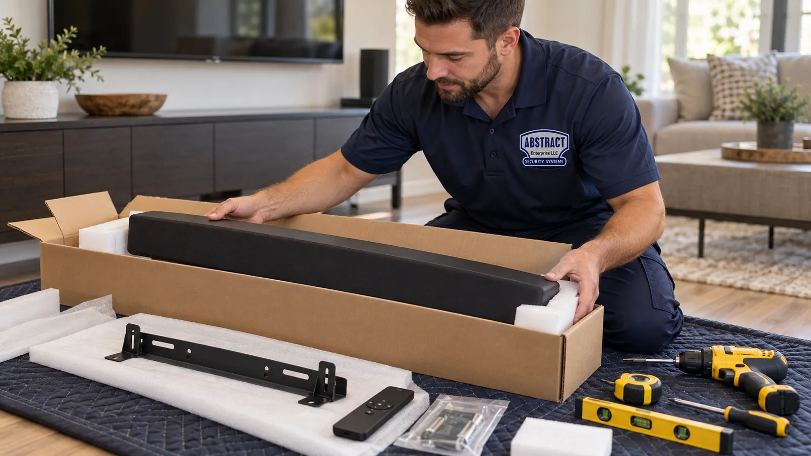 Soundbar installation Staten Island: technician kneeling on a moving blanket lifting a soundbar out of its box, with the wall bracket, remote, hardware bag and tools laid out