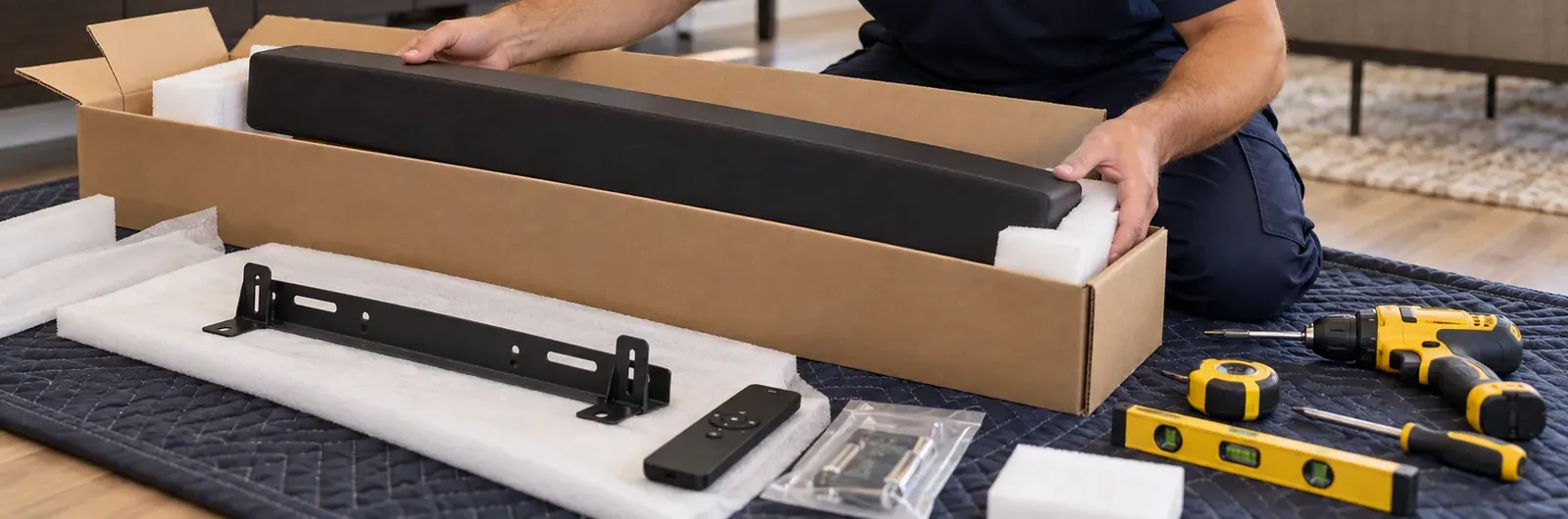 Throgs Neck, Bronx soundbar unpacking: hands lifting a soundbar from its box on a moving blanket, with the wall bracket, remote, hardware bag, drill, tape measure and level laid out