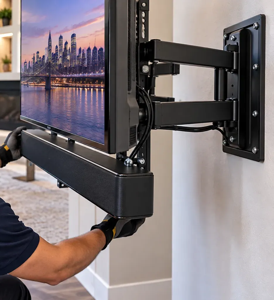 Throgs Neck, Bronx soundbar on a TV arm: gloved hands guiding a soundbar fixed beneath a TV on an articulating wall mount