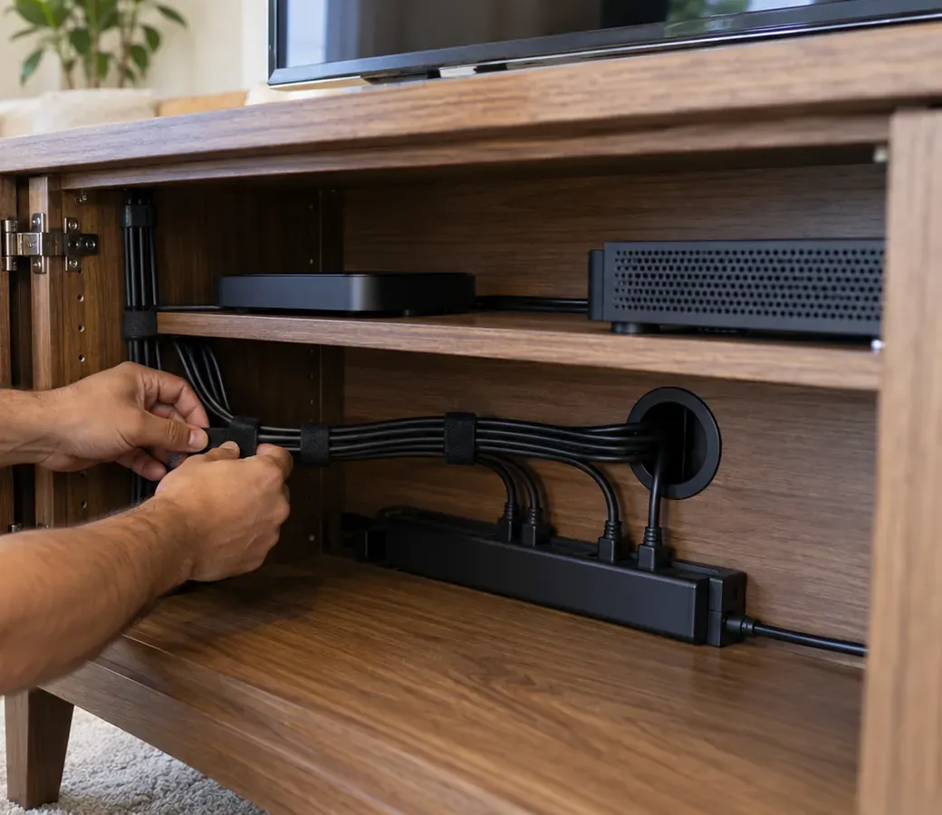 Soundbar cable tidying in Throgs Neck, Bronx: hands strapping a bundle of black cables inside a wooden media console, routed through a grommet to a power strip