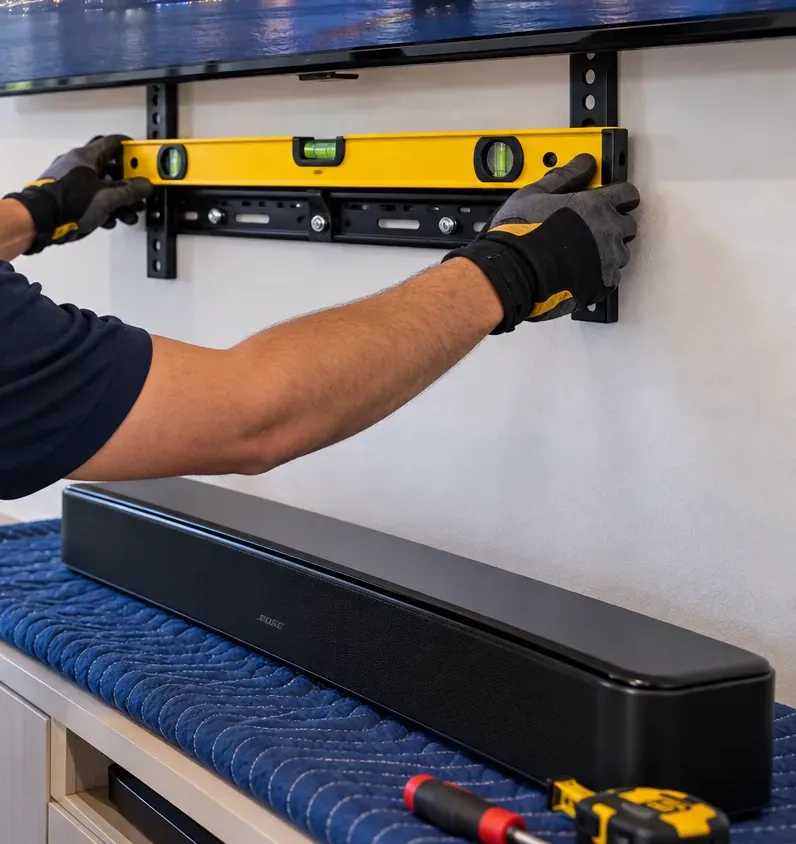 Soundbar bracket being levelled in Throgs Neck, Bronx: gloved hands holding a yellow level across a black bracket below a TV, the soundbar waiting on a blue moving blanket