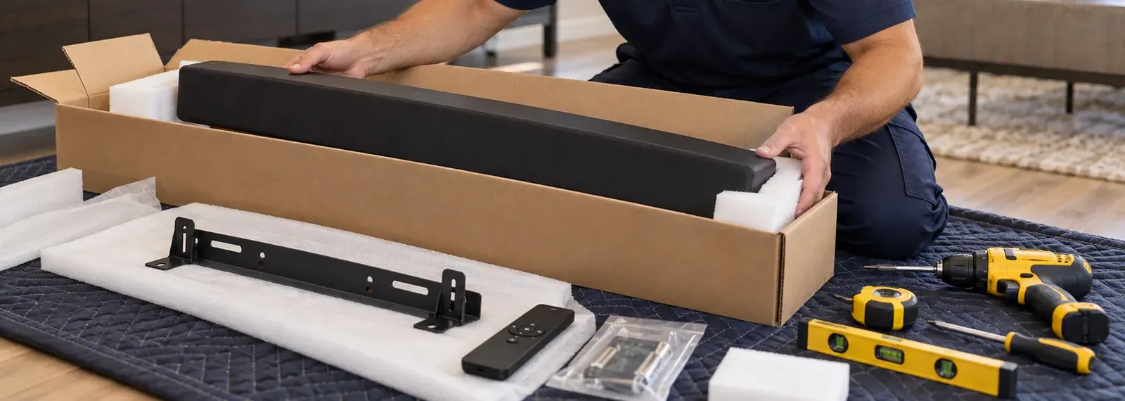 Black soundbar lifted from its cardboard carton on white foam, the wall bracket, a remote, a bag of screws, a drill, a tape measure and a yellow level laid on a navy moving blanket — Todt Hill Staten Island soundbar unboxing