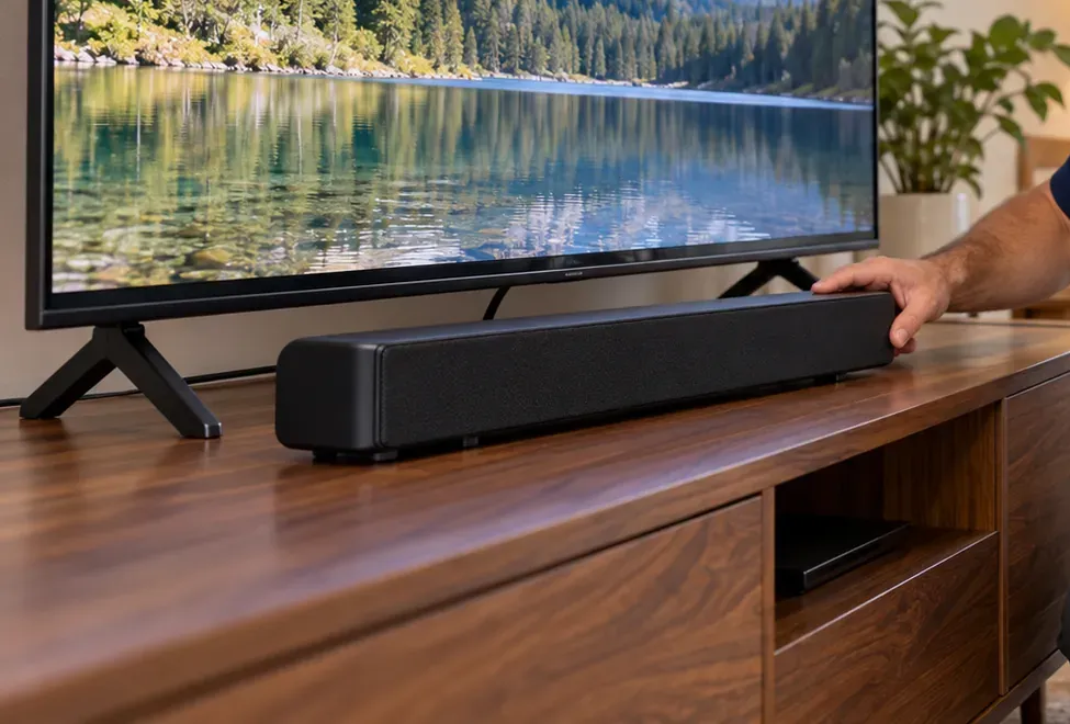 Hand setting a black soundbar on a walnut media console in front of a TV standing on its own feet, the screen showing a lake and forest — Todt Hill Staten Island soundbar console placement