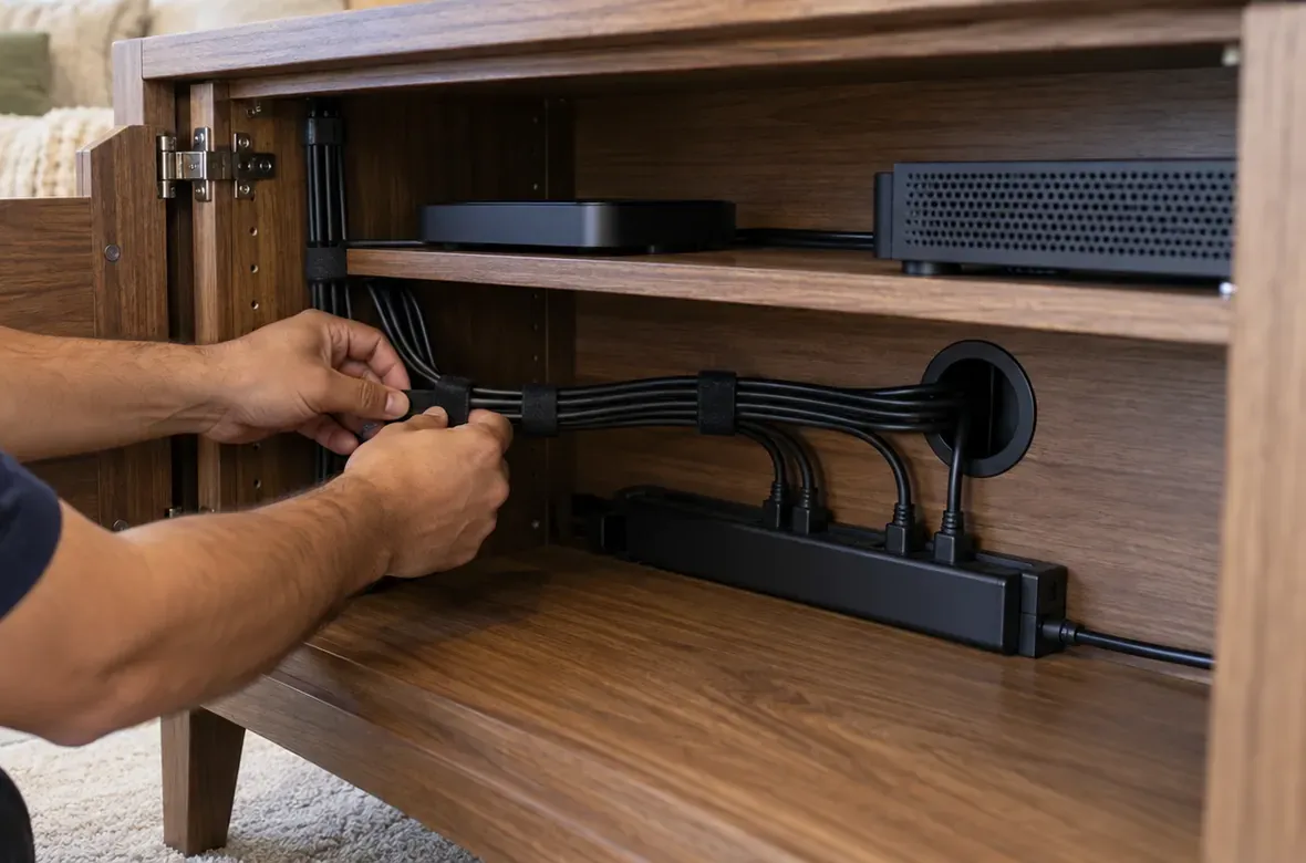 Hands bundling black cables with hook-and-loop ties inside an open wooden media cabinet, a power strip on the cabinet floor, two small devices on the shelf above and a grommet hole in the back panel — Todt Hill Staten Island soundbar cable management