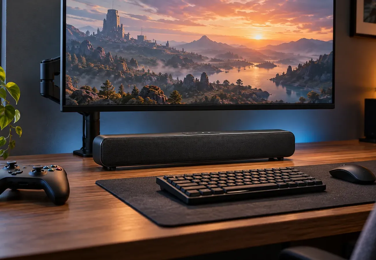 Compact black soundbar on a wooden desk below a large monitor on an arm, a keyboard on a desk mat, a mouse, a game controller and a potted plant in warm evening light — Todt Hill Staten Island desk soundbar