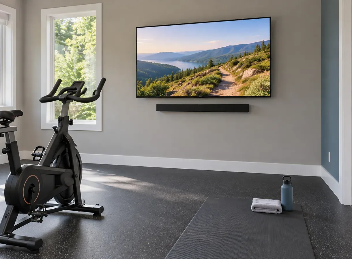 Exercise room with a large wall-mounted TV showing a hillside trail and a slim soundbar below it, an exercise bike, a dumbbell rack edge, rubber flooring and two tall windows onto trees — Todt Hill Staten Island home gym soundbar