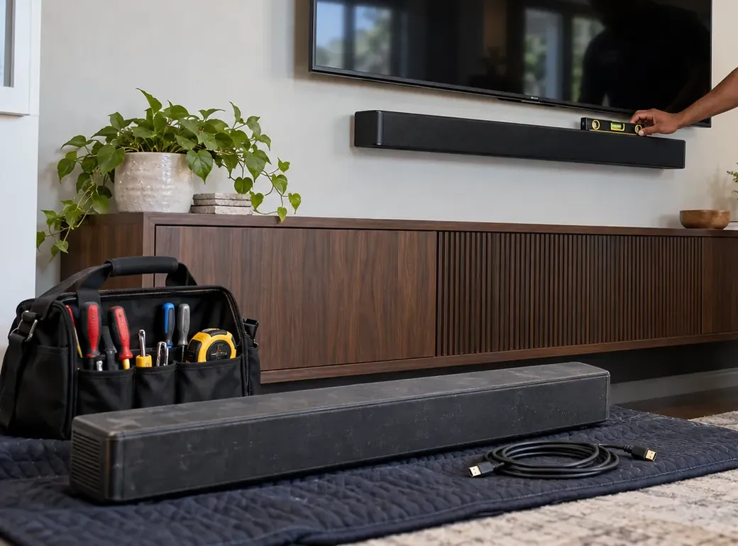 Hand resting a small level on top of a black soundbar mounted under a wall TV, a slatted walnut console below, an open tool bag and a second soundbar on a navy blanket in the foreground — Todt Hill Staten Island soundbar installation