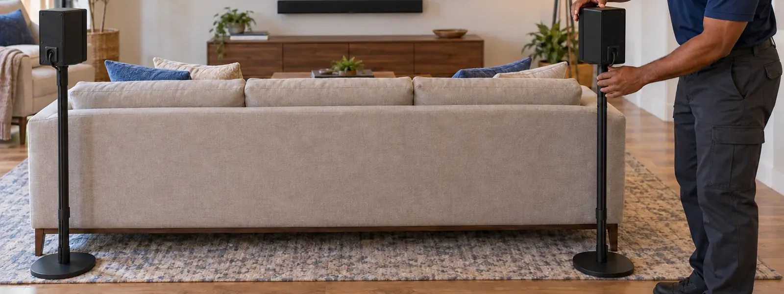 Technician setting a black rear surround speaker on a floor stand behind a beige sofa, a matching speaker on a stand at the other end, media console and rug beyond — Todt Hill, Staten Island soundbar installation