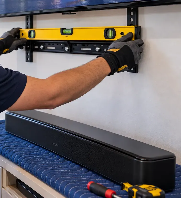 Gloved hands pressing a long yellow spirit level onto a black TV wall plate on a white wall, a black soundbar resting on a blue moving blanket on the console below — Todt Hill Staten Island soundbar bracket