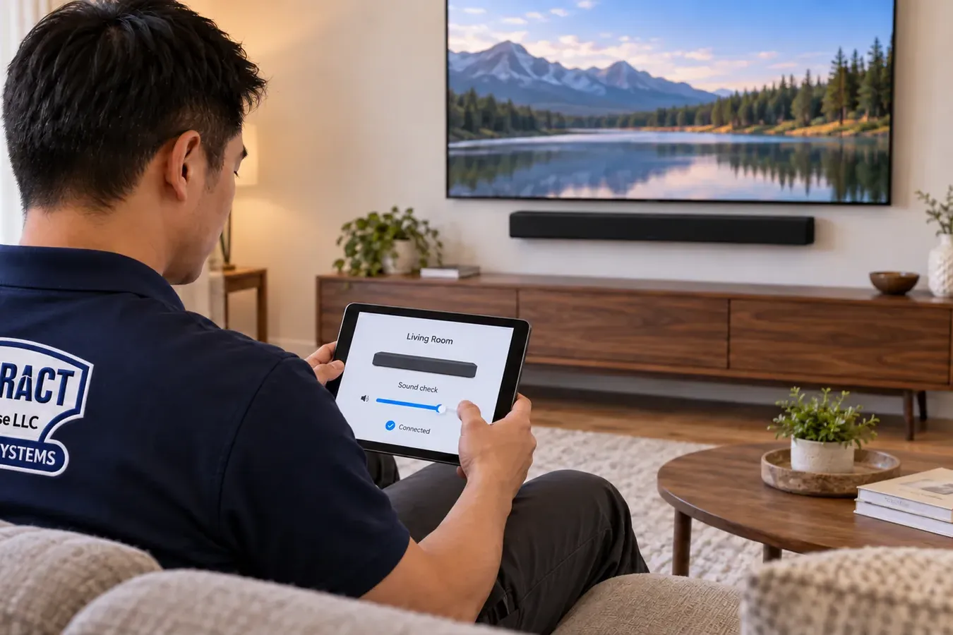 Technician seen from behind on a sofa holding a tablet showing a Living Room sound-check screen, a wall-mounted TV and soundbar above a walnut console on the far wall — Todt Hill Staten Island soundbar calibration