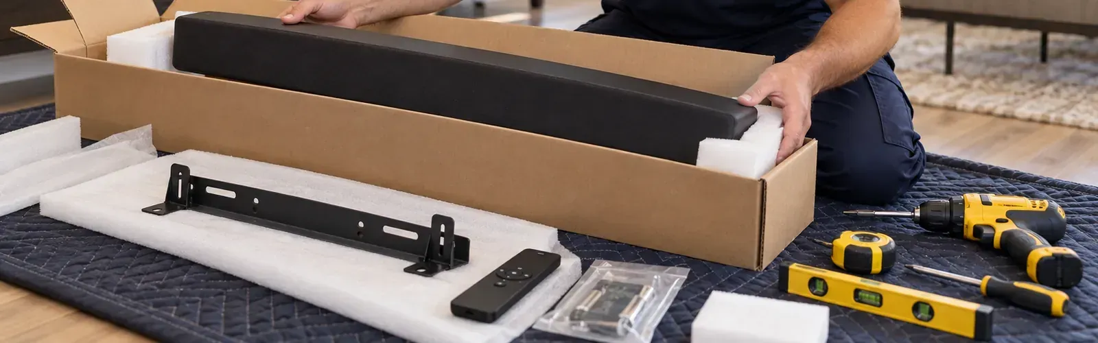 Soundbar being lifted from its cardboard box on a navy moving blanket, the wall bracket, remote, hardware bag, drill, tape measure and level laid out in front &mdash; Tottenville Staten Island soundbar installation