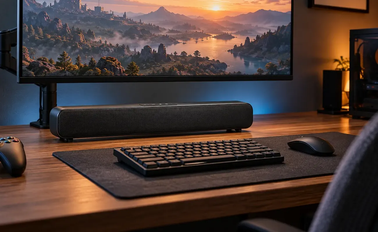 Compact black soundbar on a wooden desk below a computer monitor on an arm, a keyboard, mouse and game controller in front &mdash; Tottenville Staten Island desk soundbar setup