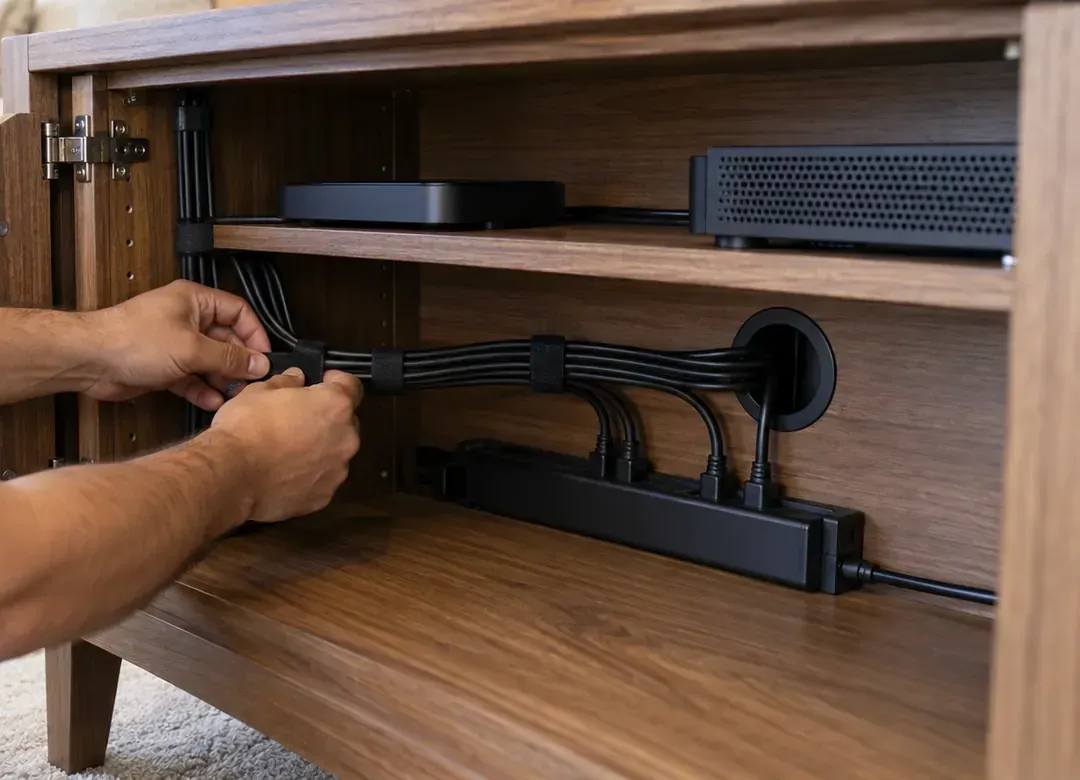 Hands wrapping hook-and-loop straps around a bundle of black cables inside an open wooden media cabinet, cables passing through a grommet to a power strip, streaming box and receiver on the shelf above &mdash; Tottenville Staten Island soundbar cable management