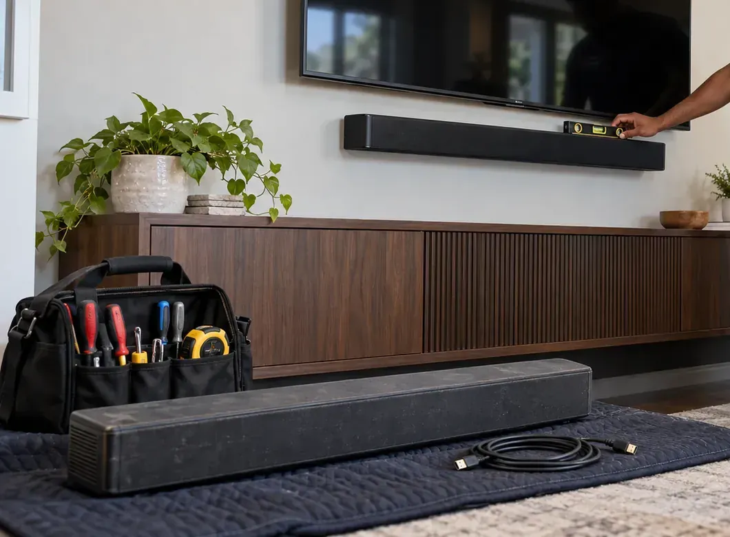 Gloved hand holding a small level on top of a wall-mounted black soundbar under a TV, a tool bag and a second soundbar on a moving blanket in front of a slatted walnut console &mdash; Tottenville, Staten Island soundbar installation